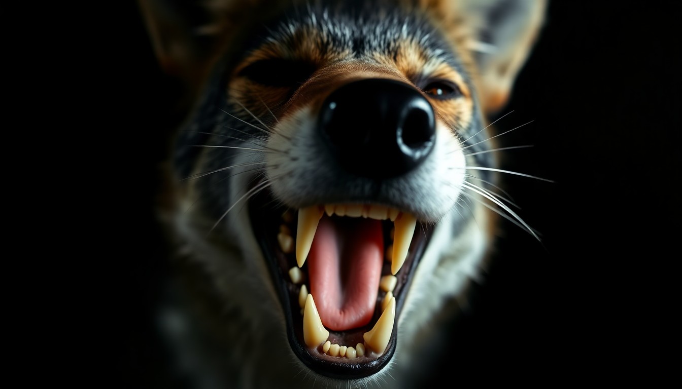 An extreme close-up photograph of a coyote's sharp teeth and jaws, lit by a harsh, direct camera flash against a pitch-black background, conceptually illustrating the danger posed by the animal's attacks.
