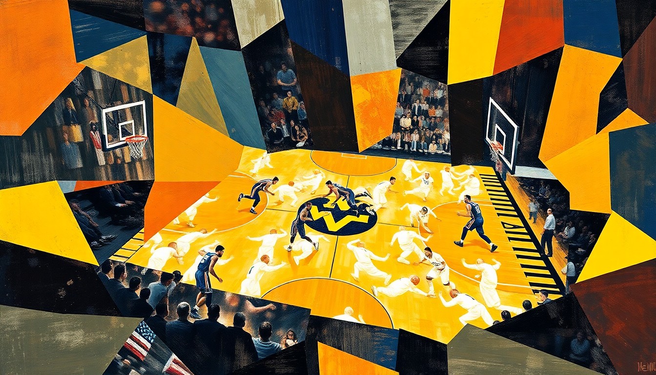 A fractured, cubist-style painting depicting the dynamic action of a basketball game, with the players' movements and the court's lines broken down into sharp, overlapping geometric shapes and planes in a vibrant, energetic composition.