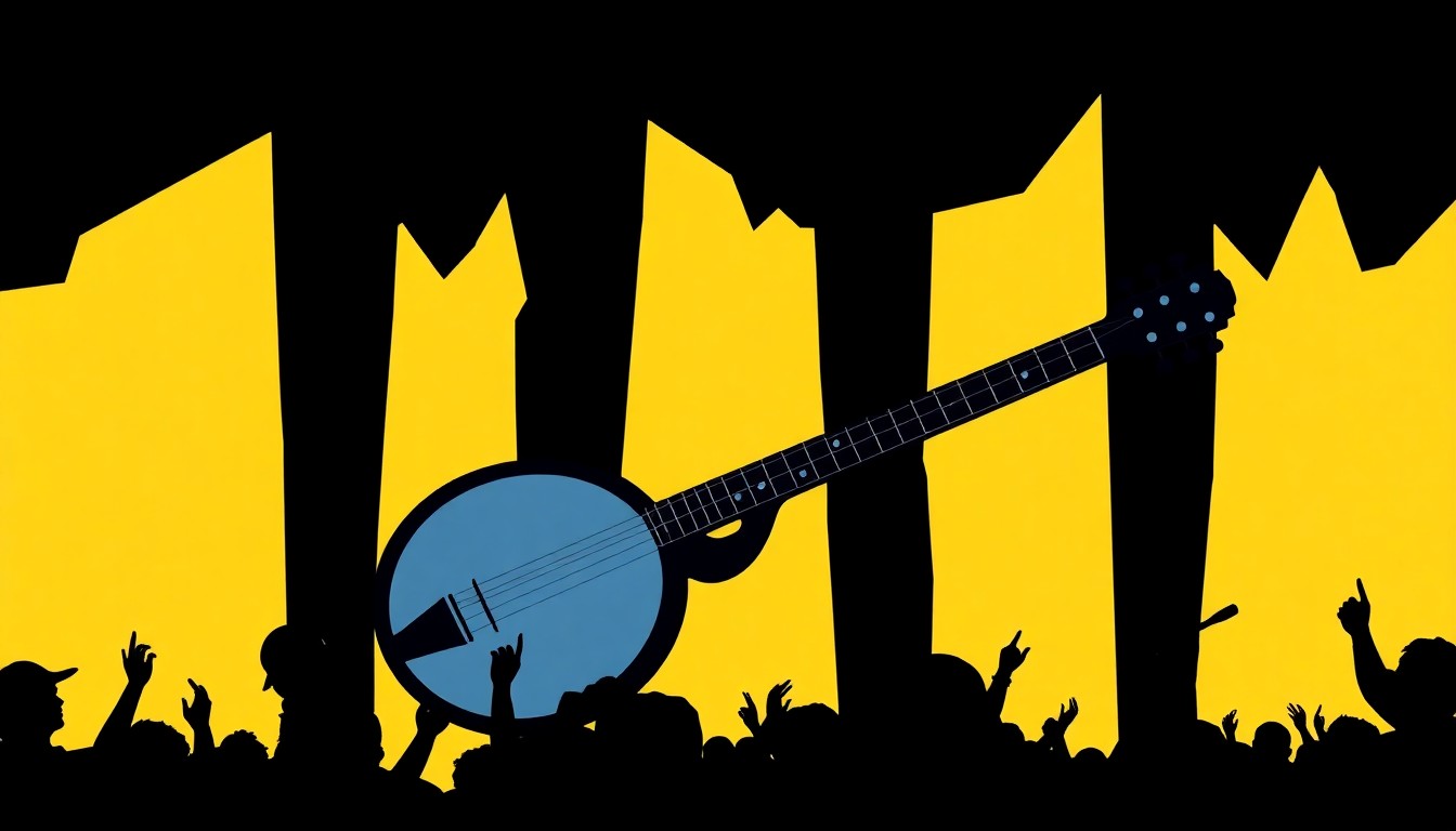 An abstract illustration featuring bold, geometric shapes in deep blue and bright yellow, conceptually representing the iconic banjo and the vibrant spirit of a music festival.