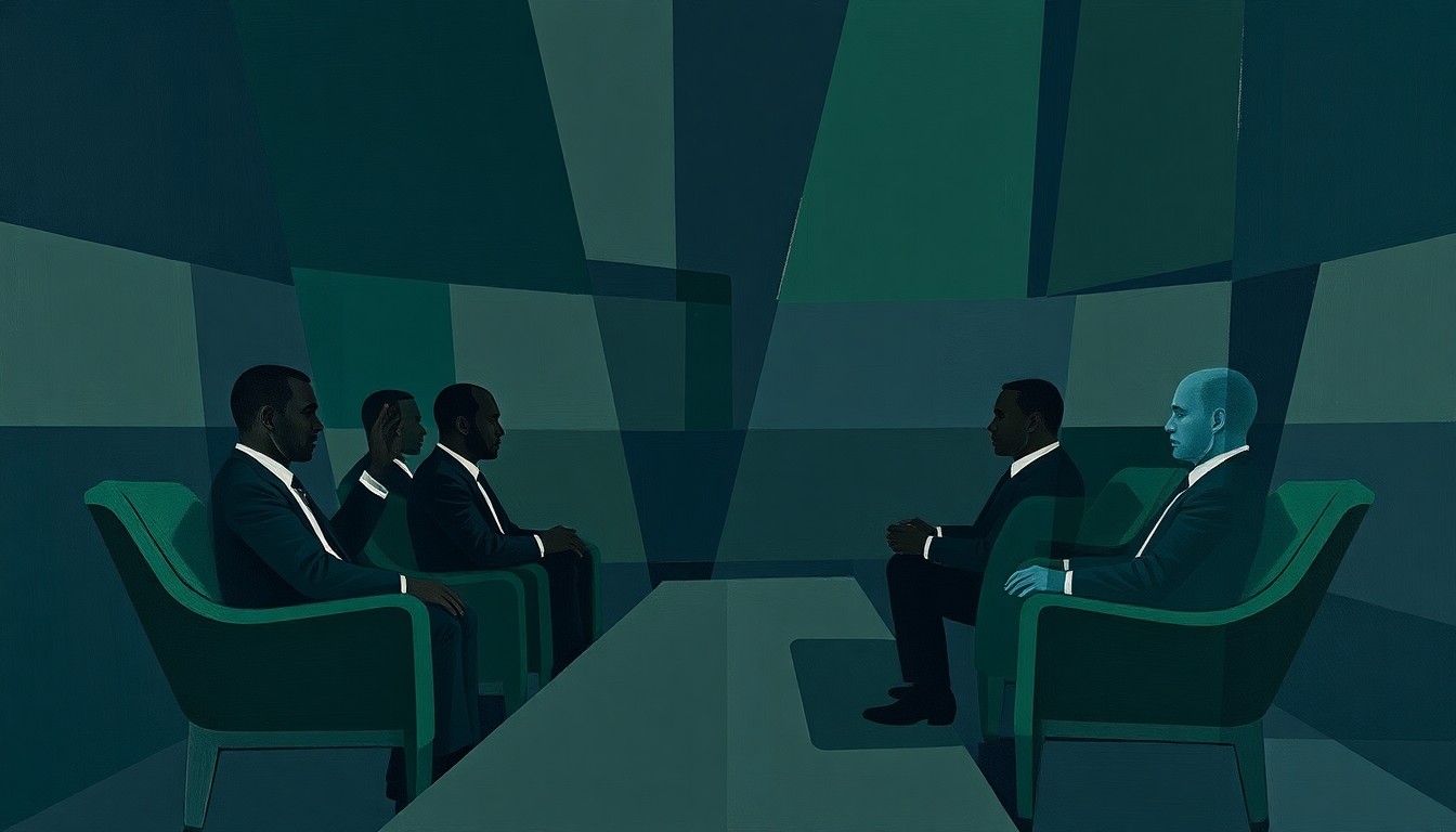 A cubist, geometric painting depicting the complex power dynamics and organizational structures of an NFL front office, with overlapping planes and shapes in muted shades of blue, green, and grey, conceptually representing the nuances and limitations of the league's diversity initiatives.