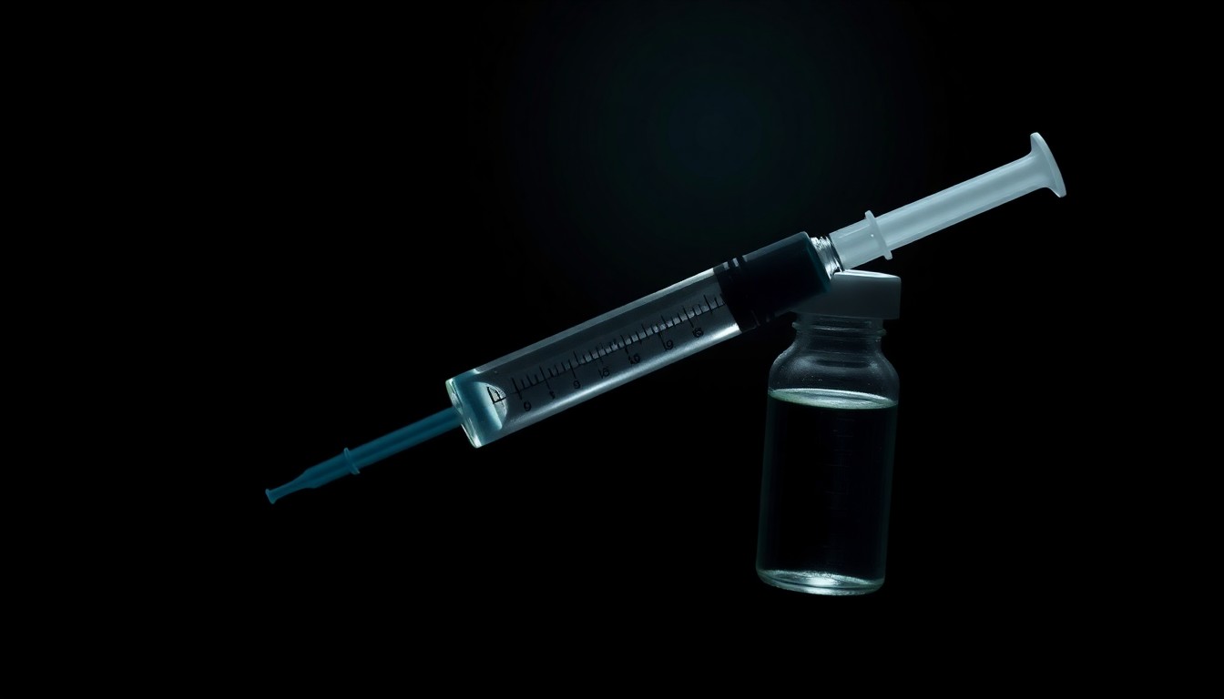 An extreme close-up photograph of a medical syringe and vial against a stark, black background, conceptually representing the investigation into fraudulent Medicaid billing practices.