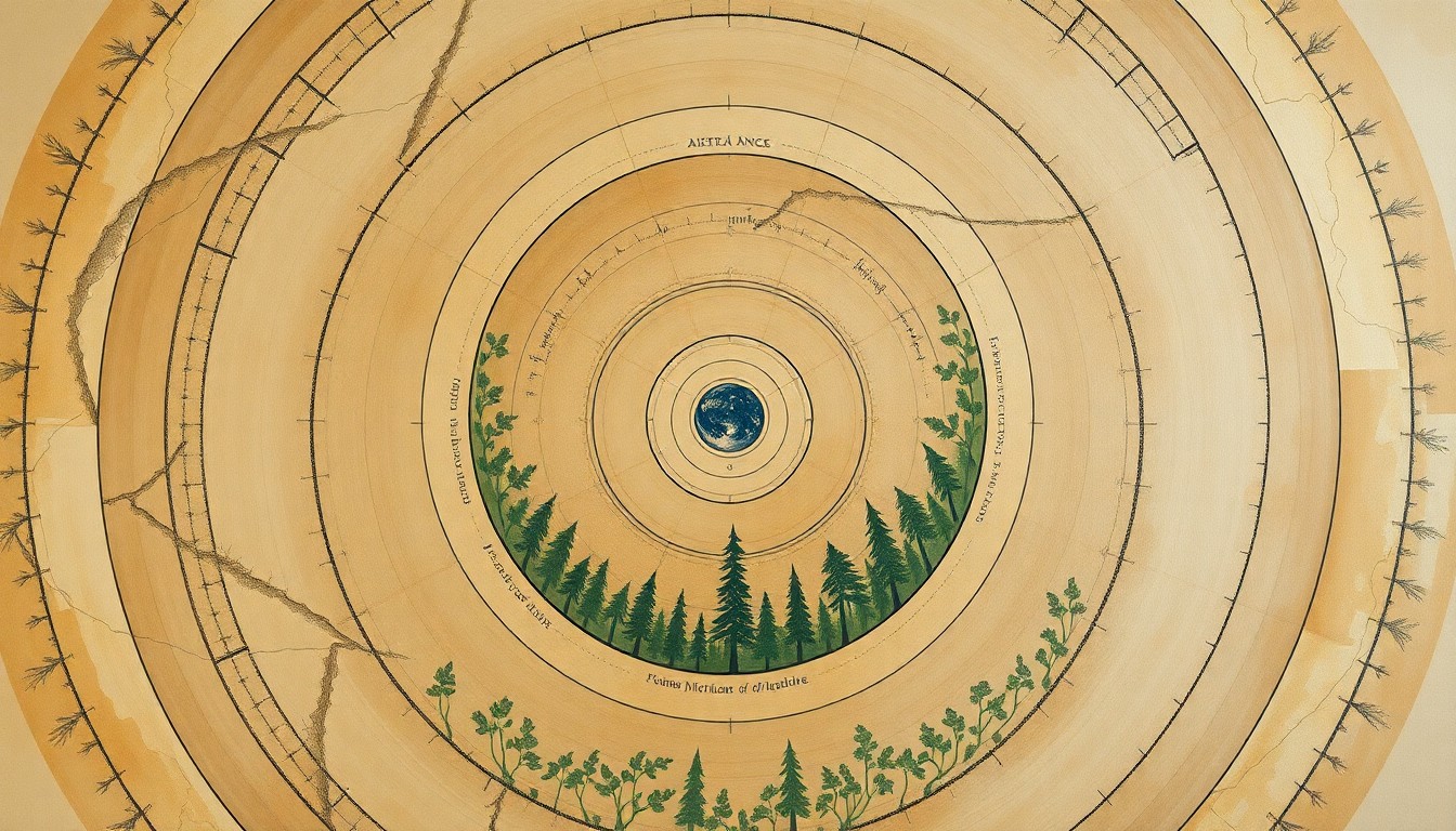 A bold, abstract painting in muted greens, browns, and blues, featuring sweeping geometric shapes and precise botanical spirals that evoke the complex interconnections between primates, forests, and human activity, conveying the delicate balance of the natural world.