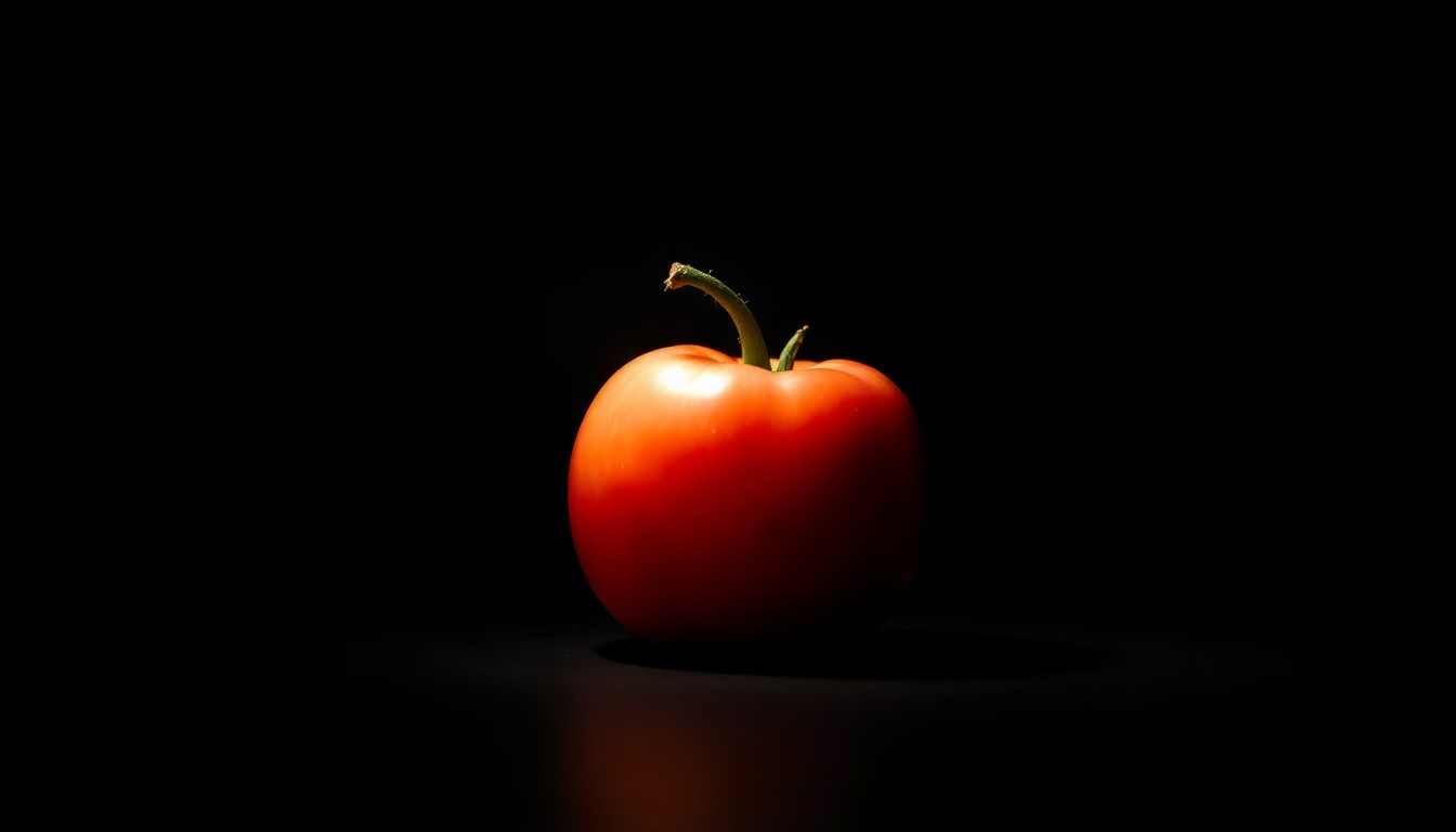 An extreme close-up photograph of a single fresh tomato lit by a harsh, direct camera flash against a pitch-black background, creating a stark, gritty aesthetic that conceptually represents the theft of local produce.