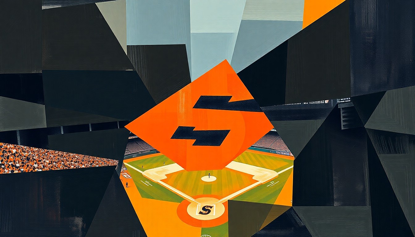 A cubist, geometric painting depicting the dynamic action of a college baseball game, with sharp planes of orange and black representing the Oregon State Beavers.