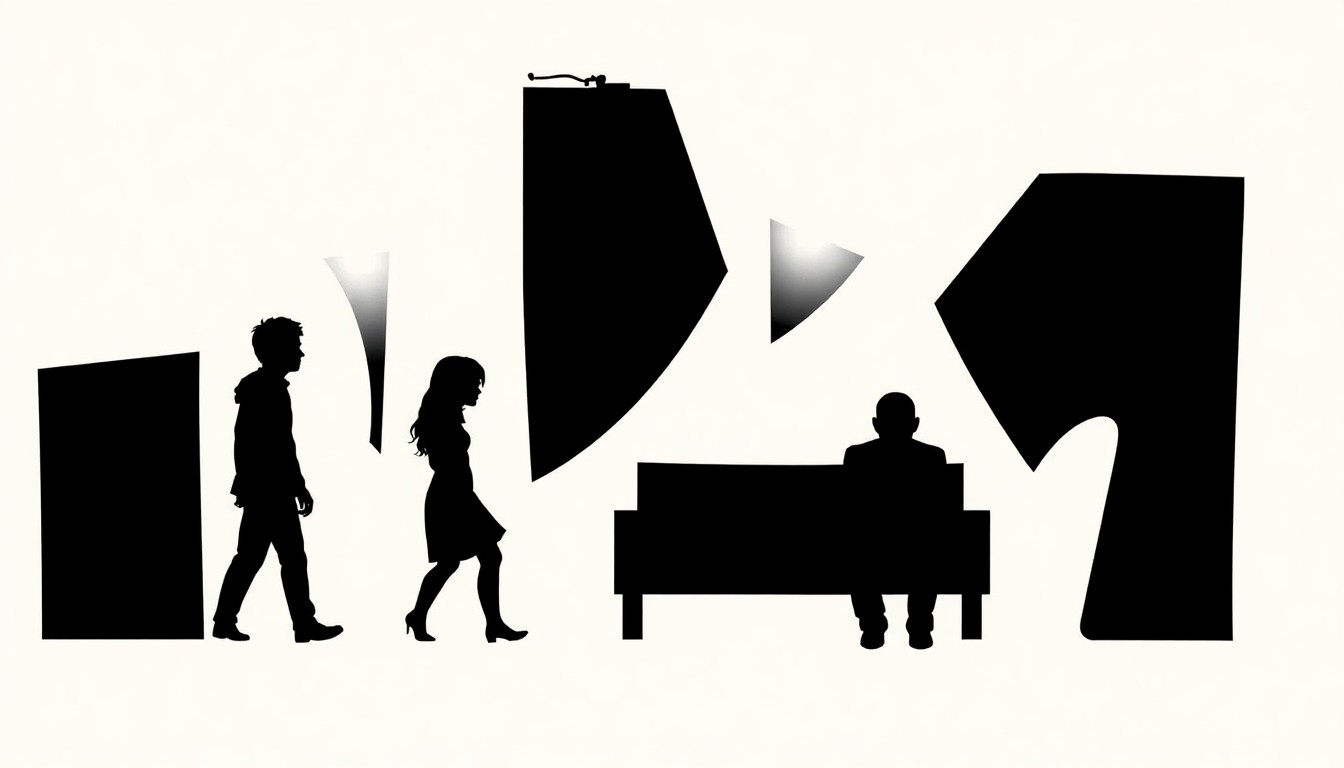 A bold, graphic composition of stark black silhouettes and jagged geometric shapes, conceptually representing the themes of mental health, coming-of-age, and the Asian American experience explored in Nathan Xia's films.