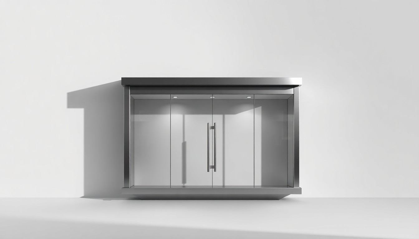 A photorealistic studio still-life image of a sleek, geometric retail storefront facade made of metal and glass, floating on a clean, monochromatic background and dramatically lit to symbolize the business strategy behind a successful property repositioning.