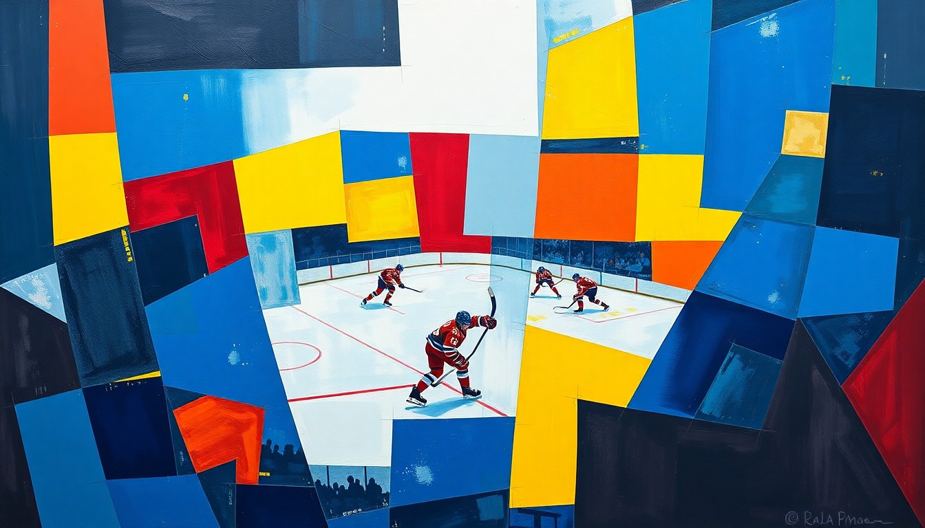A cubist, geometric painting depicting a fragmented hockey scene with overlapping planes of blue, red, and yellow, conceptually representing the challenges facing the Pittsburgh Penguins' roster and prospect development.