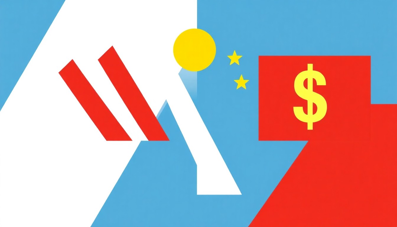A geometric abstract illustration featuring overlapping triangles and circles in shades of blue, yellow, and red, conveying the conceptual tension between the petroyuan and the petrodollar system.