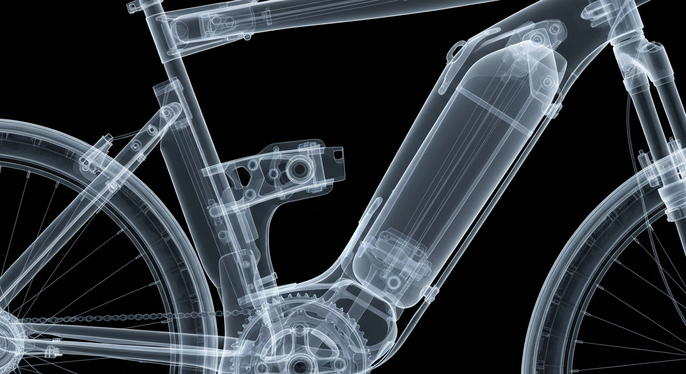 A ghostly, translucent X-ray image revealing the internal structure of an electric bicycle frame, with glowing lines highlighting the complex mechanics and engineering.