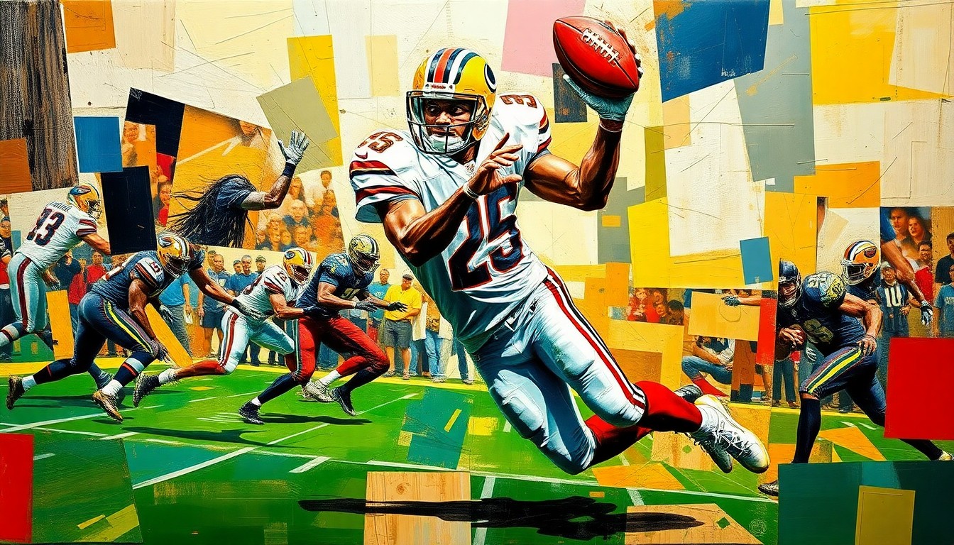 A fragmented, geometric painting depicting a defensive back in mid-motion, with their body and the football broken down into overlapping angular shapes, conveying the dynamic energy of professional football.