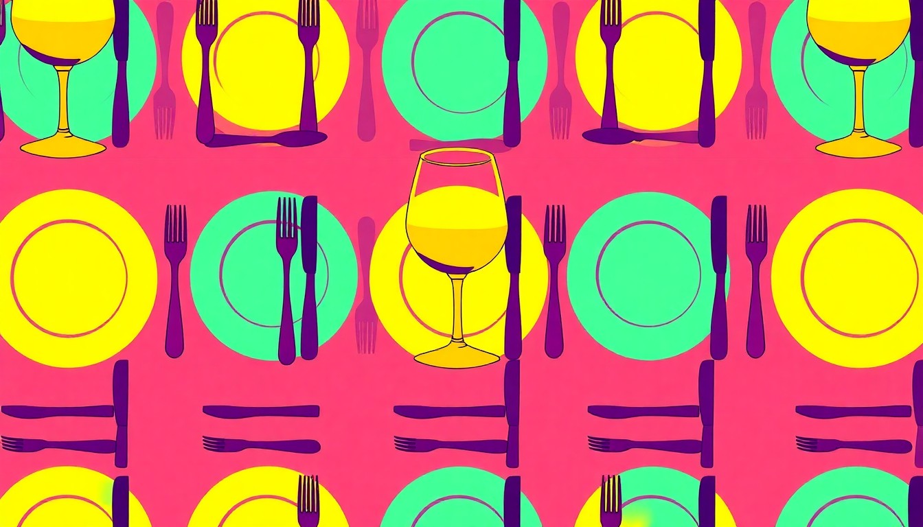 A vibrant, abstract silkscreen print featuring a repeating pattern of a single dining item such as a wine glass or fork, rendered in bold, neon colors and heavy black outlines to capture the celebratory energy of a community gathering.