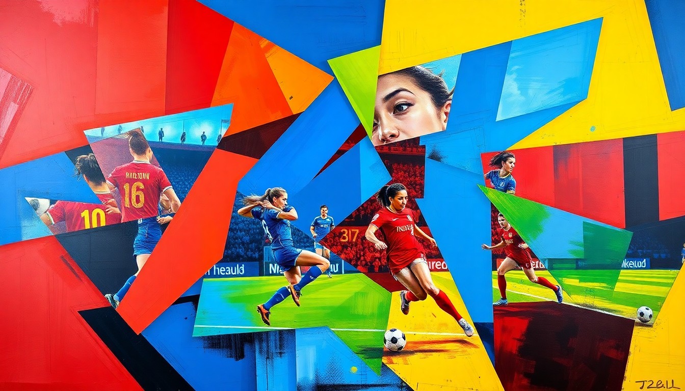 A fragmented, geometric painting depicting the dynamic action and competing interests surrounding the proposed NWSL ticket tax in Columbus.