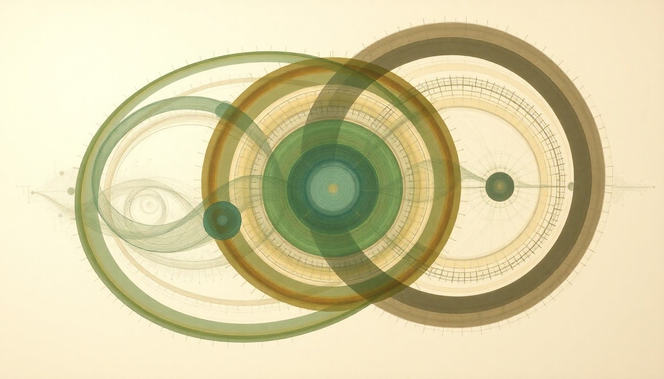 A bold, abstract painting in muted earth tones featuring sweeping geometric shapes, concentric circles, and precise botanical spirals, conceptually representing the complex biological and chemical forces involved in using pig semen-derived exosomes to deliver cancer-fighting nanoparticles to retinal tumors.