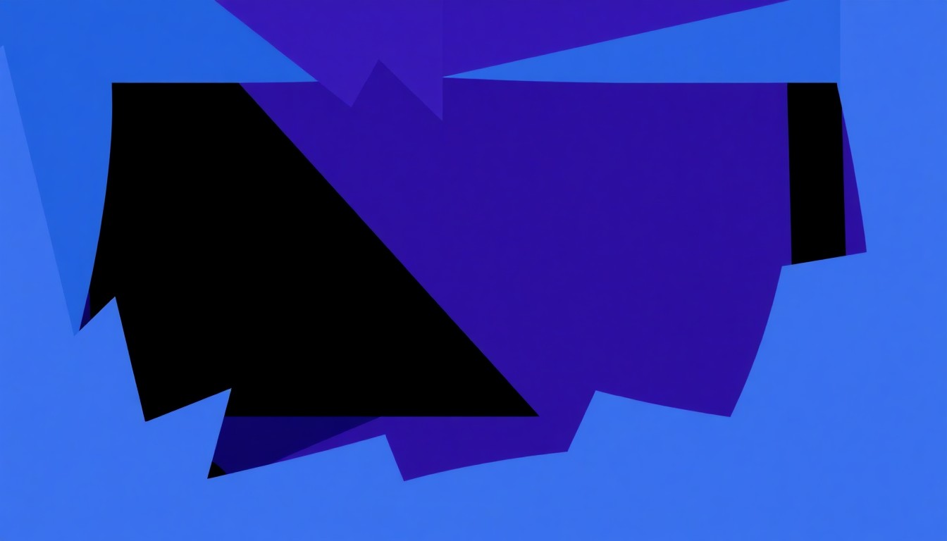 An abstract, minimalist illustration using stark, geometric shapes in shades of blue, purple, and black to represent the stage and performance space of a theater company.