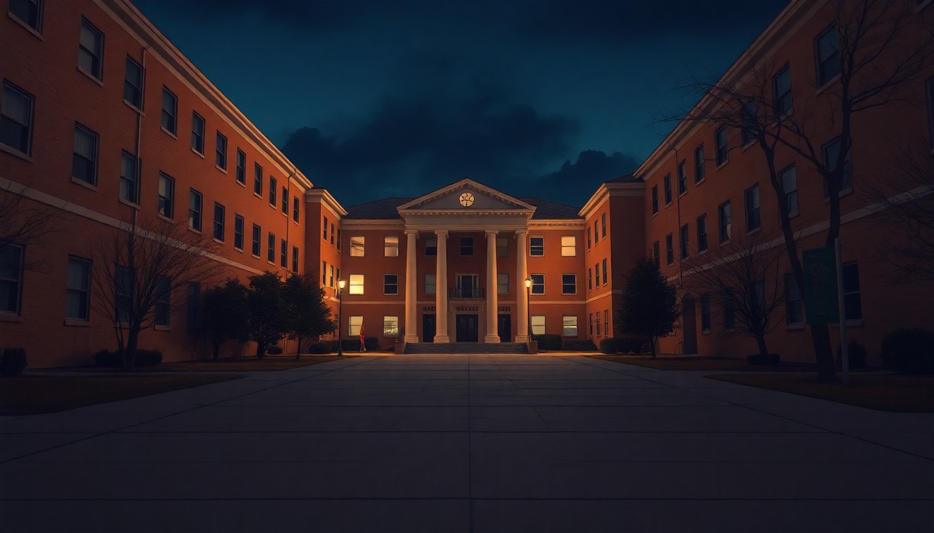 A dimly lit, cinematic painting of an empty college campus building at night, with warm lighting and deep shadows, conceptually representing the aftermath of a controversial media incident on a university campus.