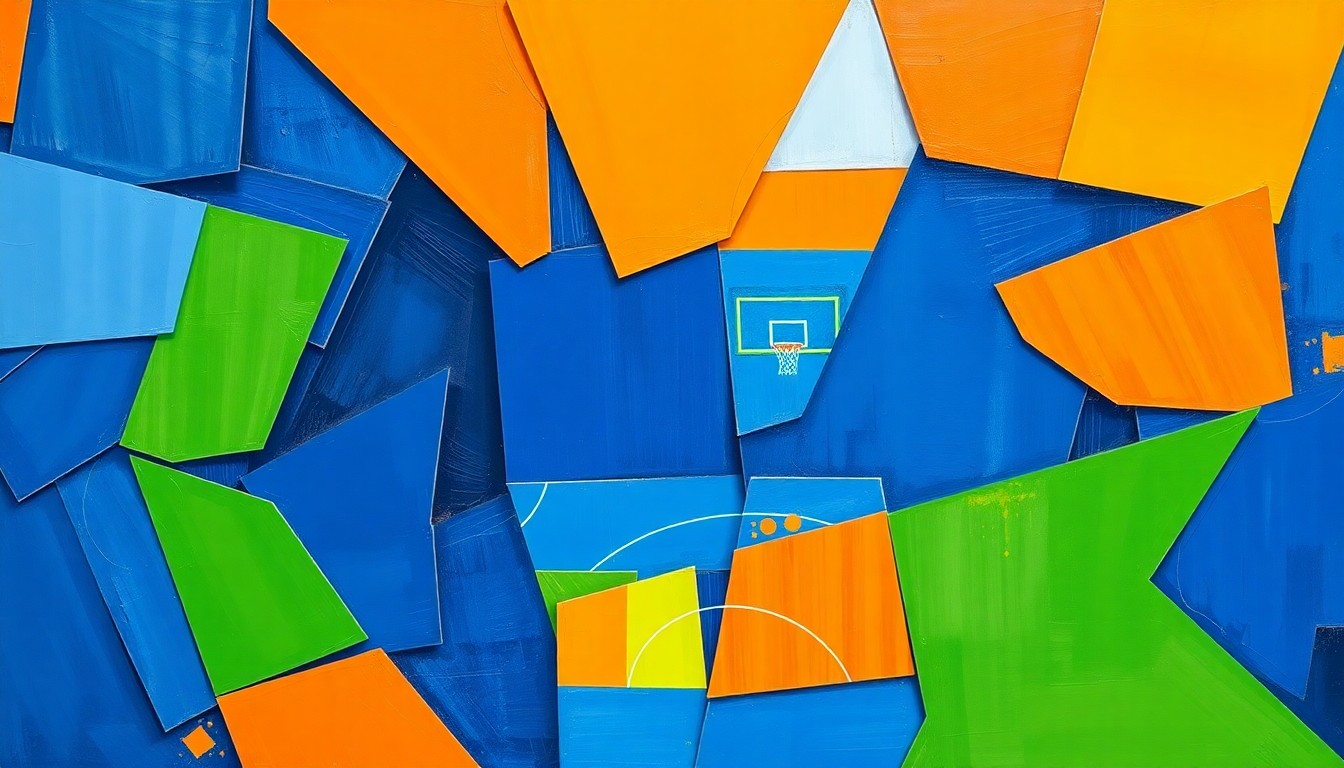 A cubist-style painting featuring overlapping geometric shapes in vibrant blue, orange, and green hues, conceptually representing the fast-paced action of a basketball game.