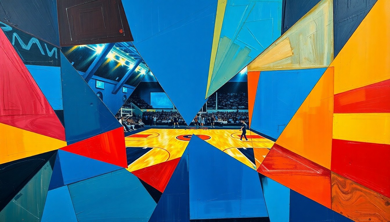A fragmented, geometric painting in bold blues, reds, and yellows depicting the abstract shapes and angles of a basketball court or baseball diamond, conveying the dynamic nature of sports betting.