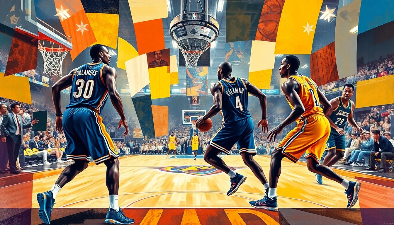 A fractured, geometric painting depicting the action of a basketball game, with the players' forms broken down into sharp, overlapping planes of color and shape, reflecting the Lakers' struggles against the Thunder.