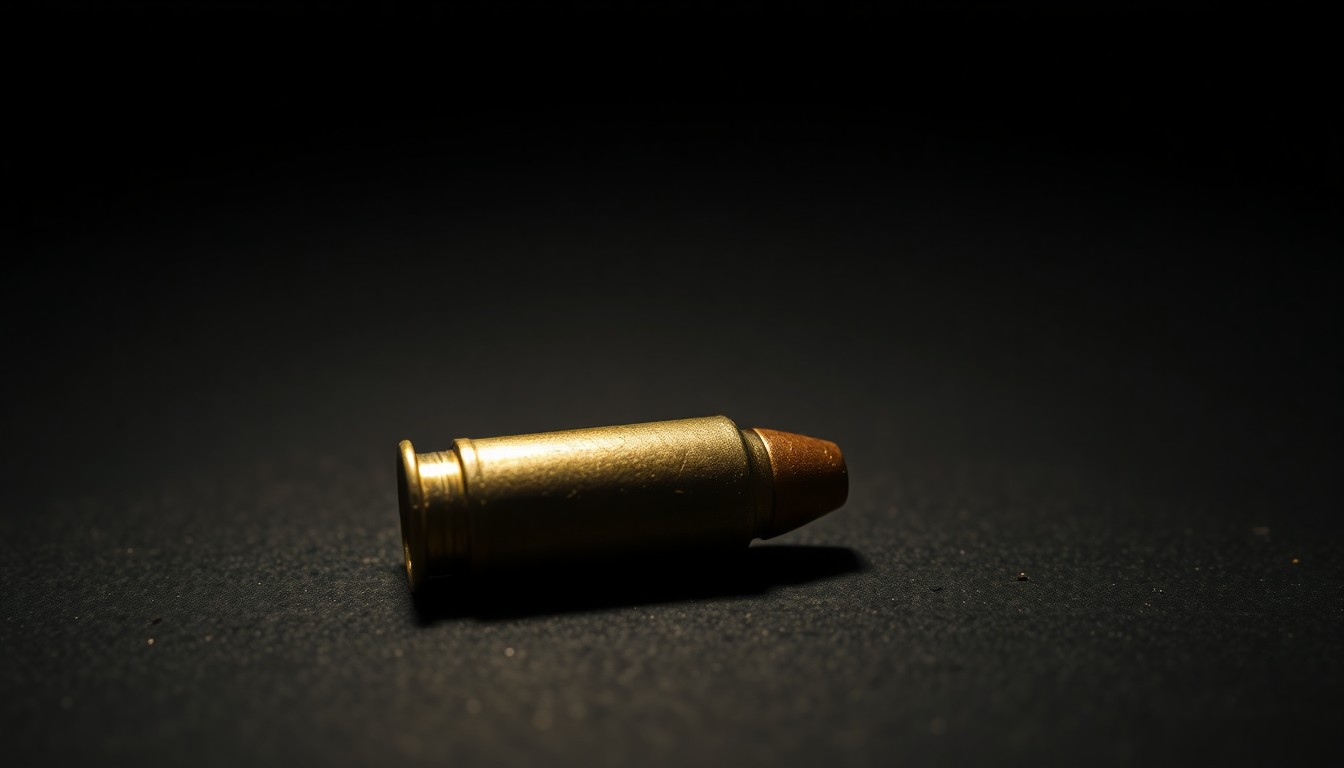 An extreme close-up photograph of a single spent shell casing on a dark, textured surface, lit by a harsh, direct camera flash, creating a stark, gritty, investigative aesthetic.