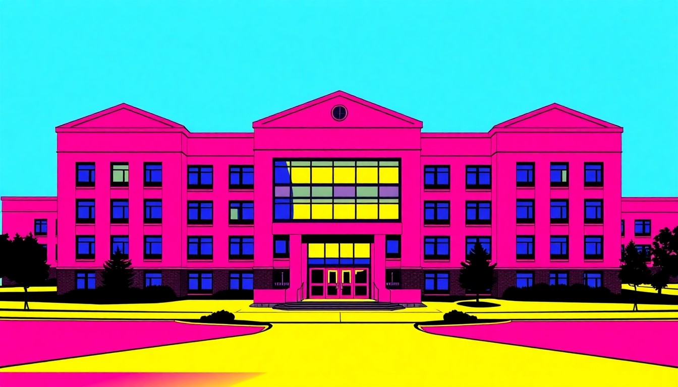 A brightly colored, high-contrast silkscreen print of a stylized architectural rendering of a modern high school building, repeated in a tight grid pattern, capturing the bold, iconic nature of the new educational facility through a pop art lens.