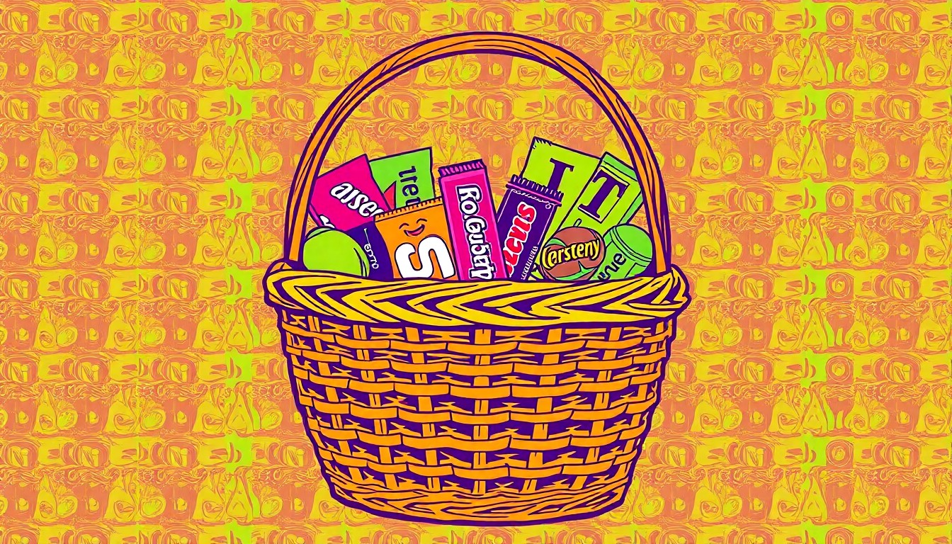 A brightly colored, high-contrast silkscreen print of a large Easter basket filled with various chocolate and candy treats, repeated in a tight grid pattern in the style of Andy Warhol. The image utilizes flat, vibrant, and unnatural neon color palettes overlapping with heavy black photographic outlines to turn an everyday Easter celebration item into modern pop art.