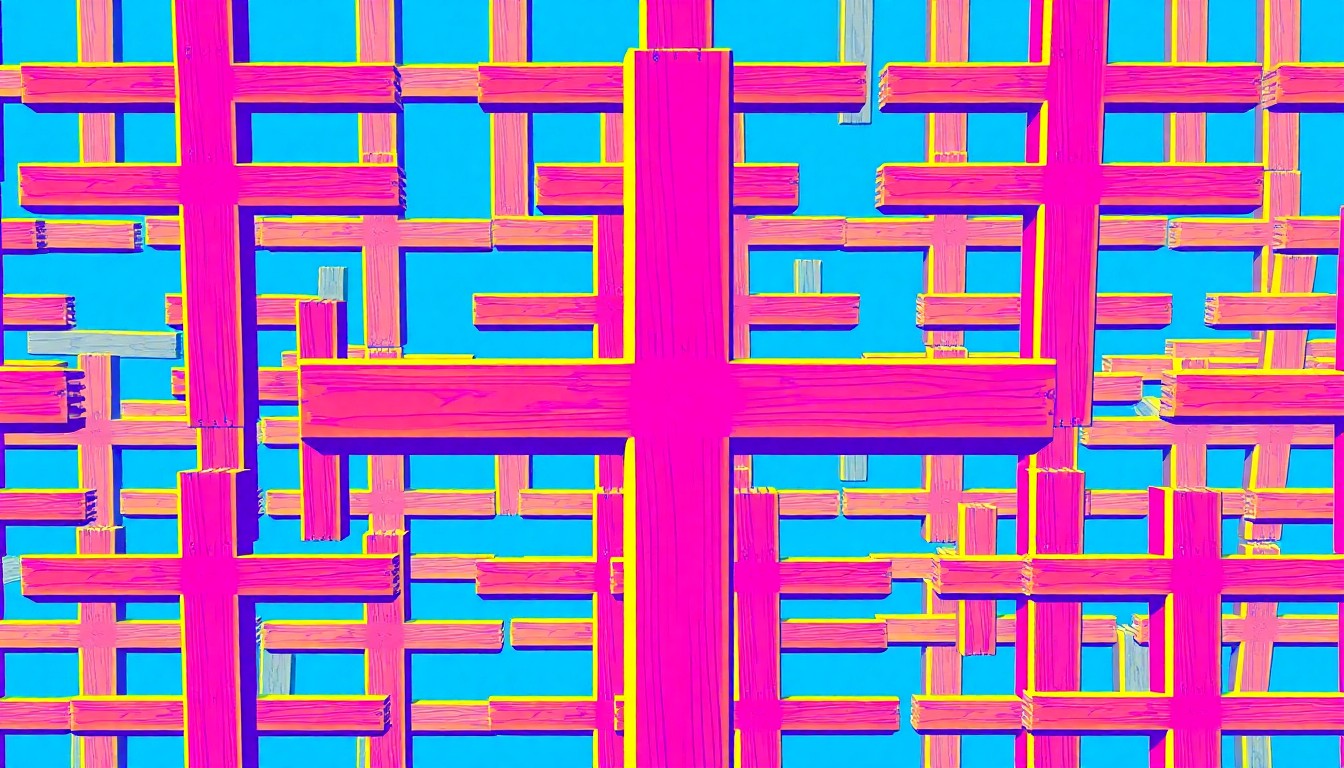 A bold, abstract silkscreen illustration featuring a large wooden cross repeated in a grid pattern, using vibrant neon colors to conceptually represent the public display of faith and community during a Good Friday cross walk.