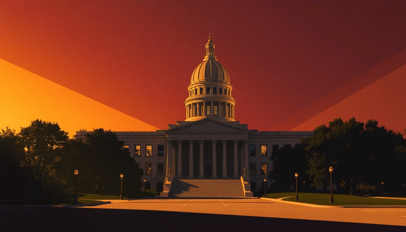 A photorealistic painting of the Georgia State Capitol building in warm, golden sunlight, with deep shadows across the facade, conveying a sense of quiet contemplation and civic duty.