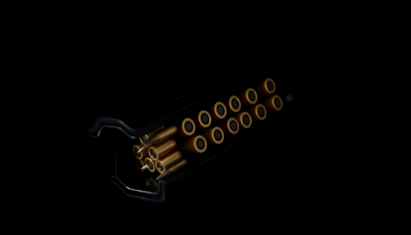 An extreme close-up photograph of a handgun magazine loaded with ammunition, lit by a harsh, direct camera flash against a pitch-black background, conceptually representing the investigative nature of this crime story.