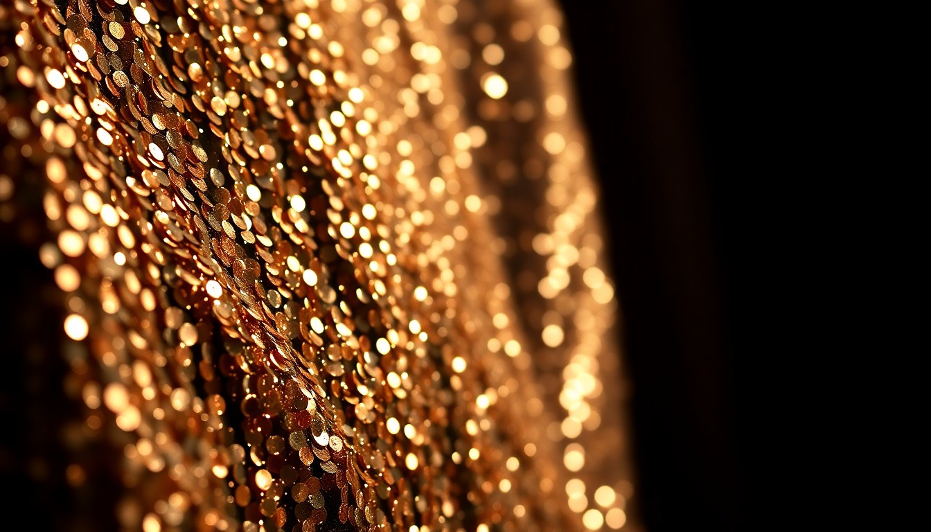 An abstract close-up image featuring shimmering, high-contrast textures of sequins and metallic materials, evoking the energy and glamour of a country music concert.