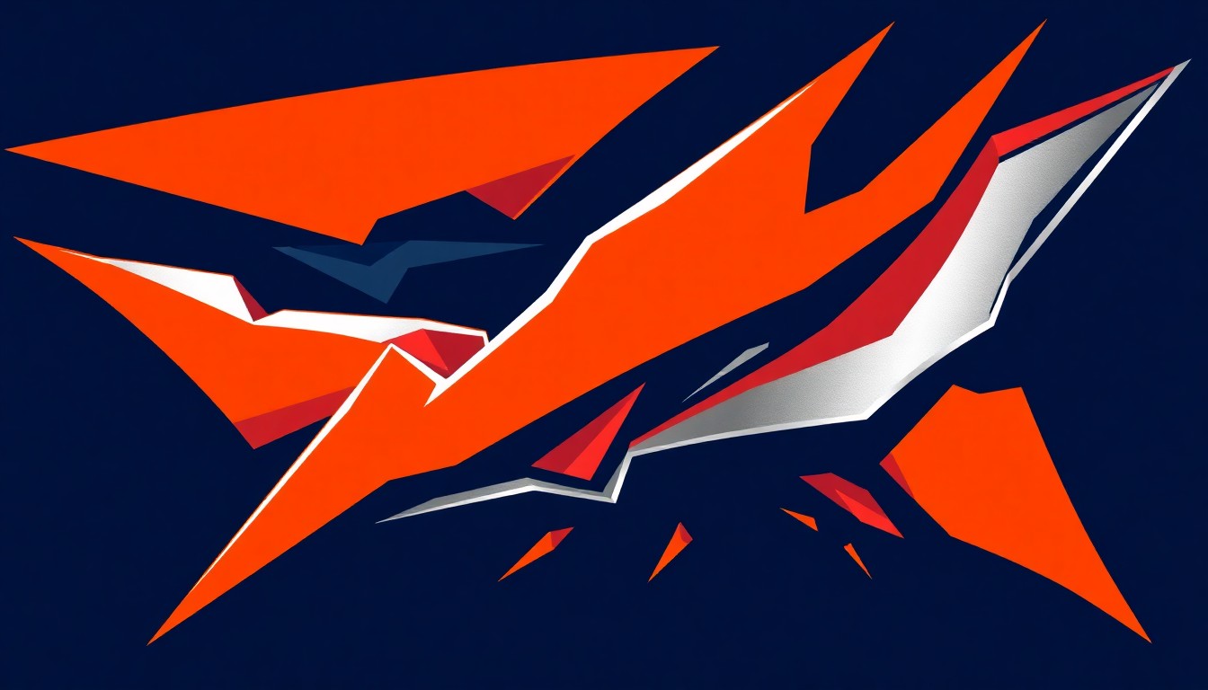 A dynamic abstract composition of sharp, angular shapes in deep indigo, neon orange, and metallic silver, conveying the rhythmic energy of new music releases in Eugene.