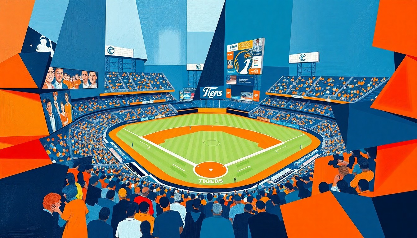 A vibrant, cubist-style painting featuring overlapping geometric shapes and planes in the Tigers' official colors, capturing the energy and excitement of a baseball game in an abstract, deconstructed manner.