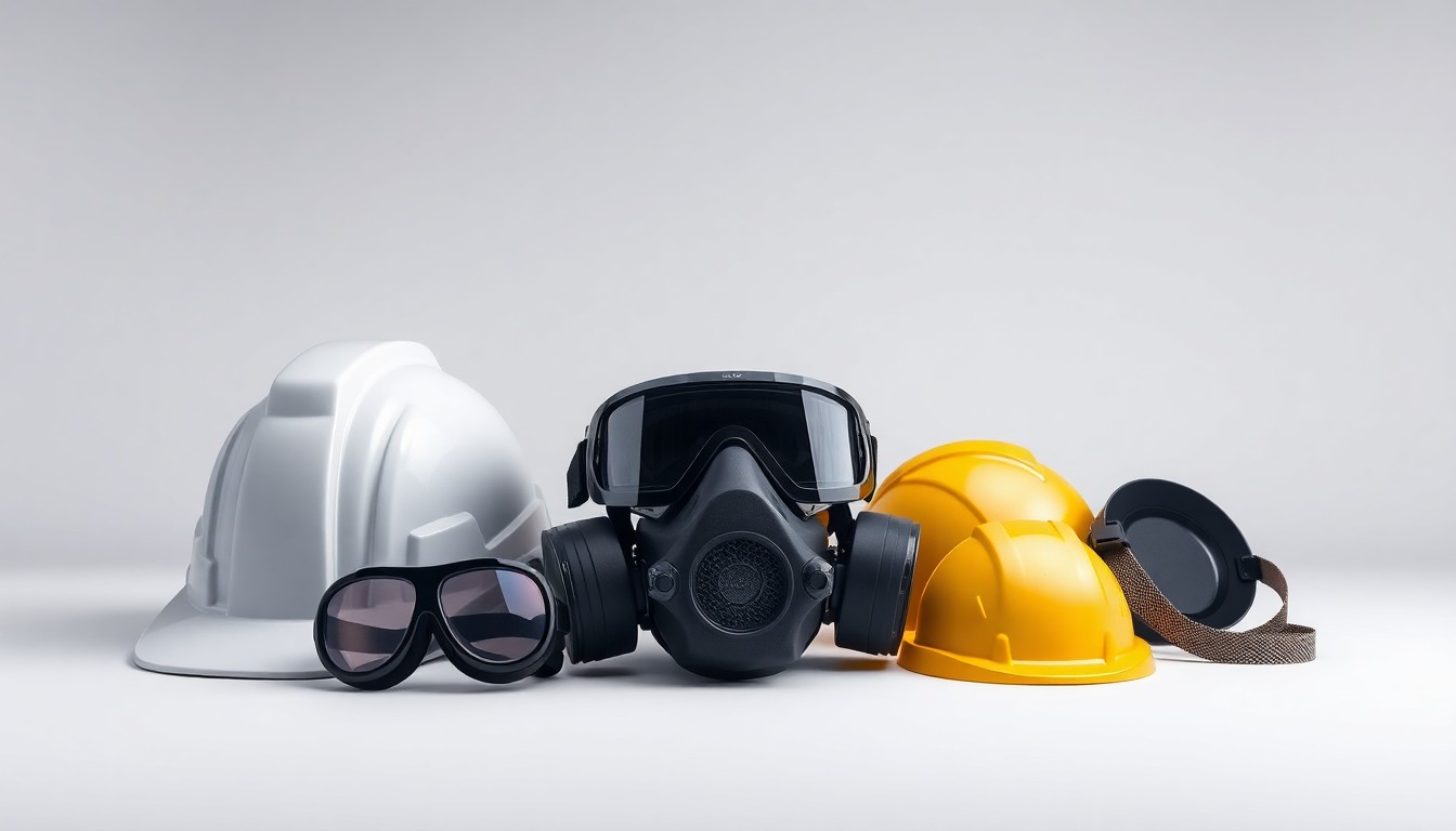 A high-end, photorealistic studio still-life photograph featuring a collection of industrial safety equipment and protective gear, including a hardhat, goggles, and a respirator mask, arranged elegantly on a clean, monochromatic seamless background, conceptually representing the importance of worker safety in the industrial sector.
