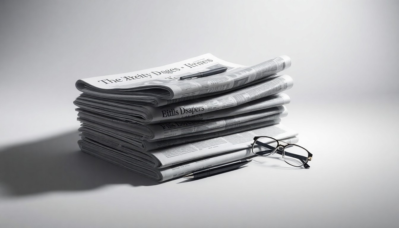 A high-end, photorealistic studio still-life photograph featuring a stack of newspapers, a pen, and a pair of reading glasses arranged elegantly on a clean, monochromatic background, conceptually representing the evolving landscape of print journalism.