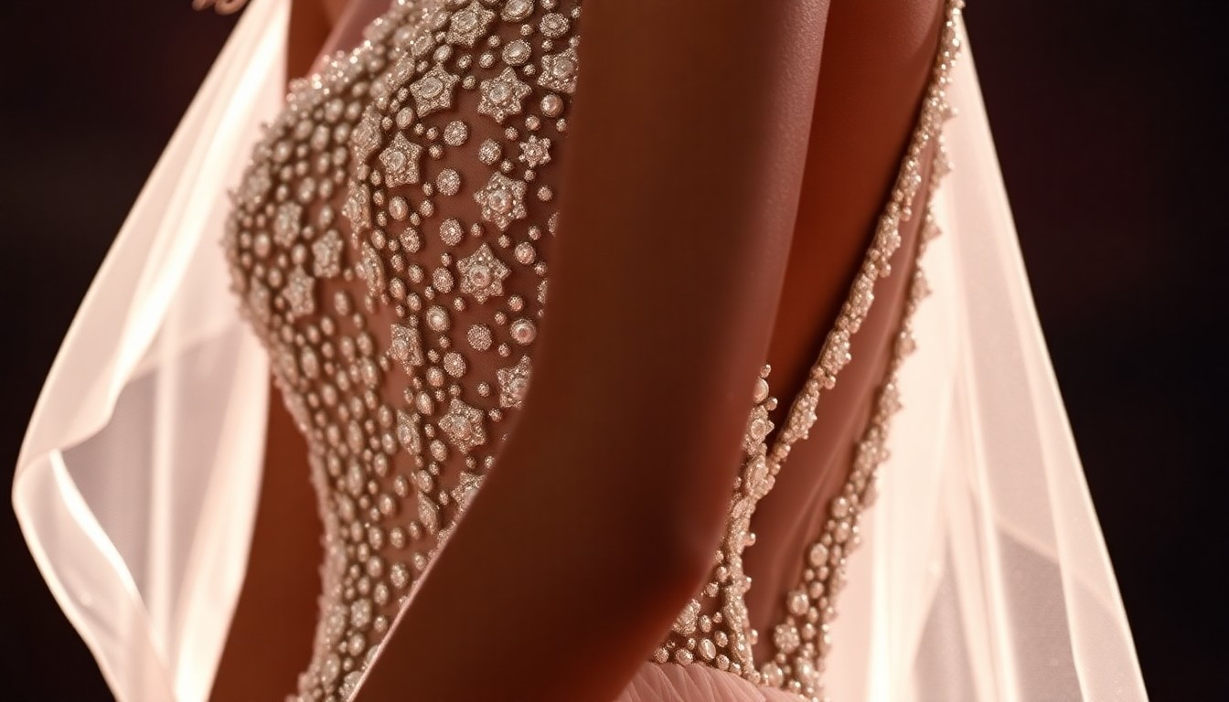 An abstract close-up photograph showcasing the intricate texture and luxurious materials of Zendaya's blue couture gown, capturing the glamour and drama of the red carpet.