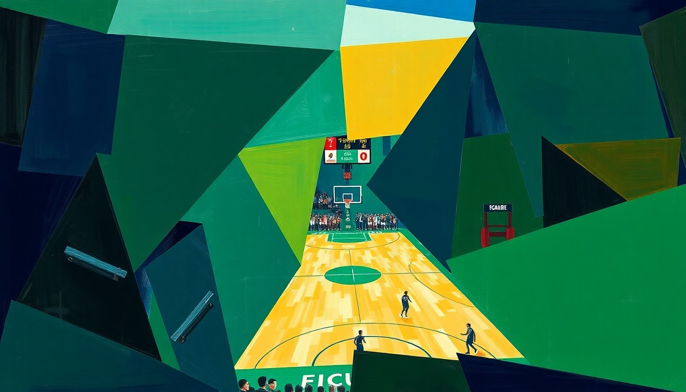 A cubist-style painting depicting a fragmented, geometric interpretation of a college basketball game, with sharp planes of navy, green, and gold representing the sport's dynamic movements and the student-athlete's academic excellence.