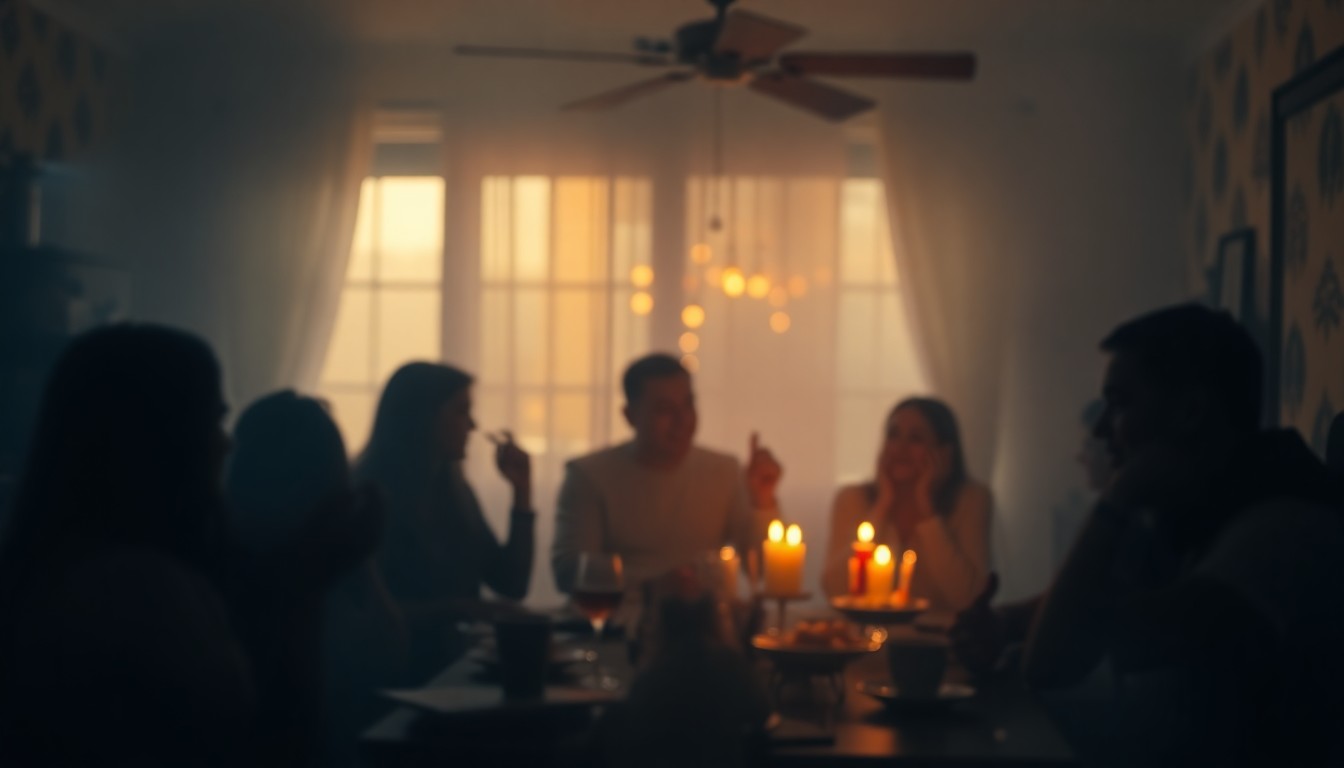 A blurred, intimate photograph of a birthday party in a warm, cozy home, with silhouettes of people celebrating and soft pools of light reflecting off surfaces.