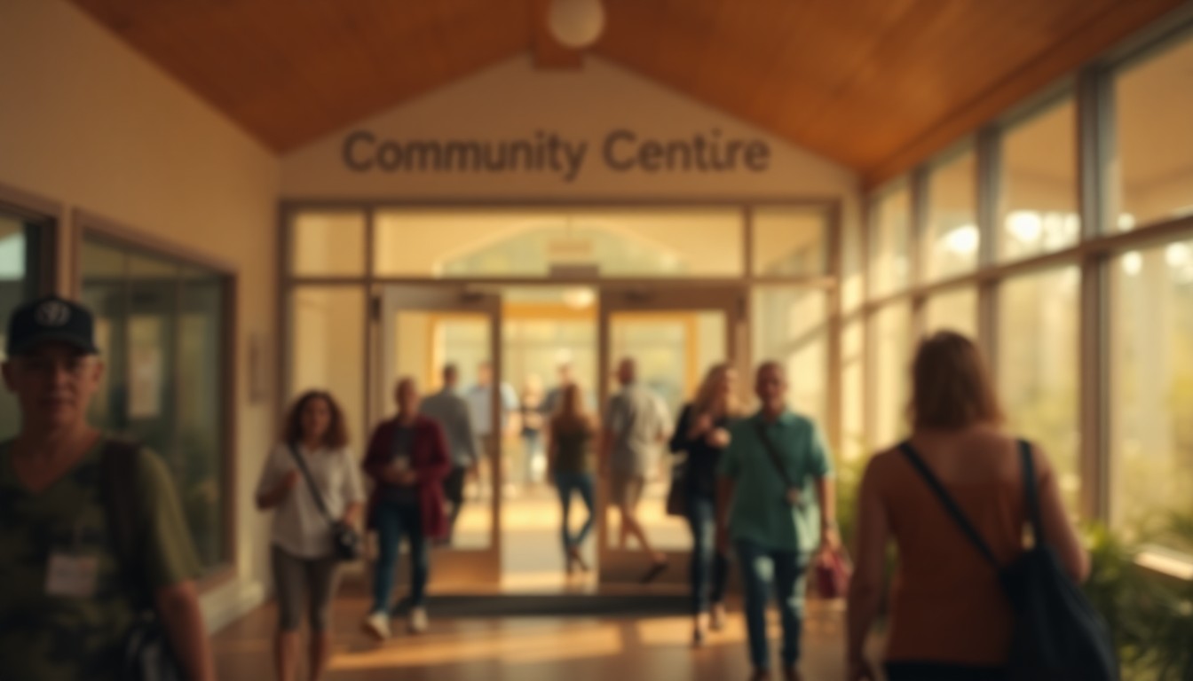 An abstract, impressionistic photograph of people entering and exiting a community center, with soft, blurred edges and warm, glowing pools of light, conveying a sense of community, connection, and the importance of accessible social services.