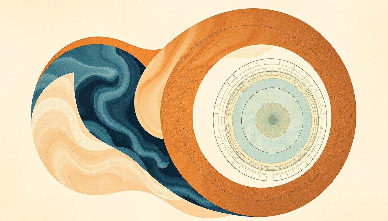 A bold, highly structured abstract painting in soft, earthy tones, featuring sweeping geometric arcs, concentric circular patterns, and precise botanical spirals, conceptually illustrating the complex water cycle and conservation concepts.