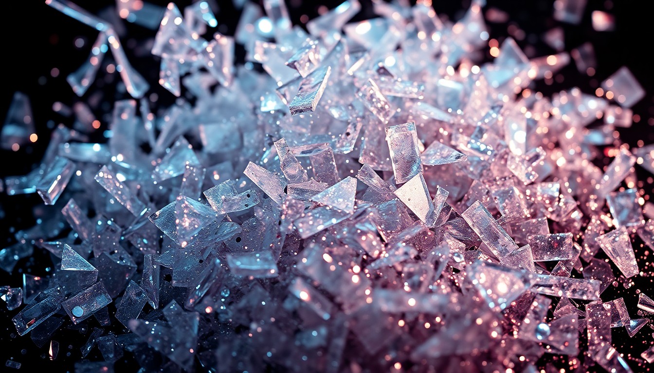 An extreme macro photograph of shattered glass and sparkling sequins, using dramatic lighting to create a high-fashion, glamorous aesthetic without depicting any specific people or objects.