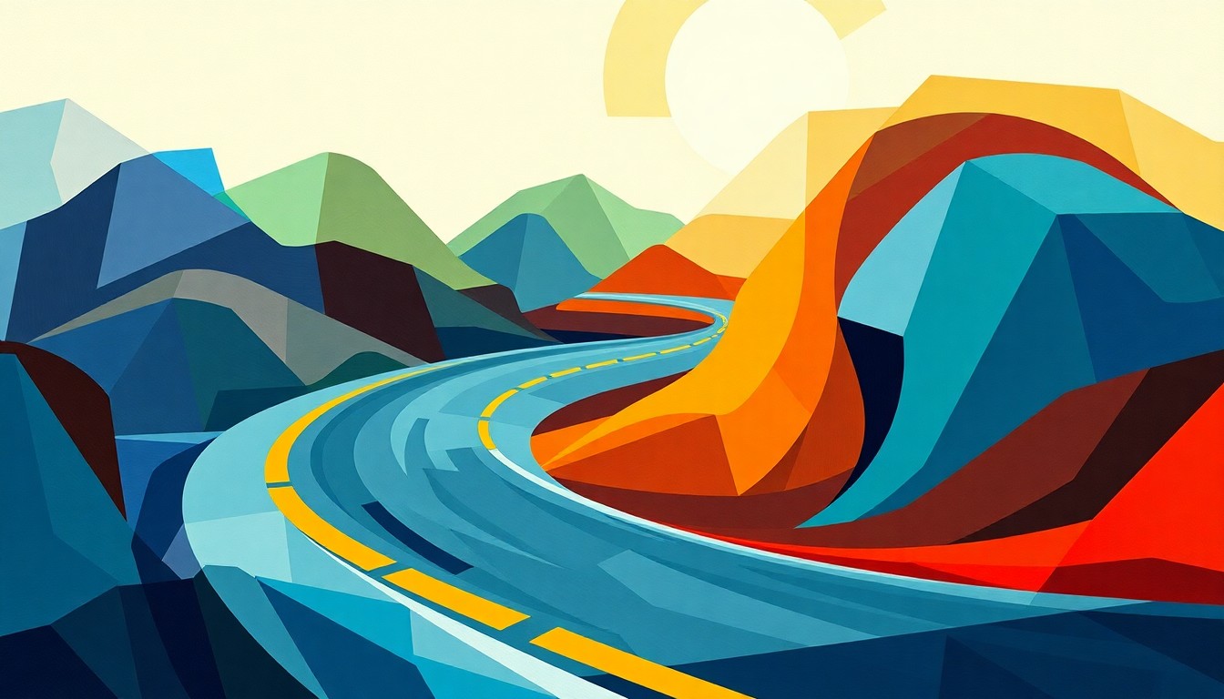 A highly textured, abstract painting with overlapping, fractured geometric shapes in shades of blue, green, and orange, conceptually representing the impact of transportation regulations on housing affordability.