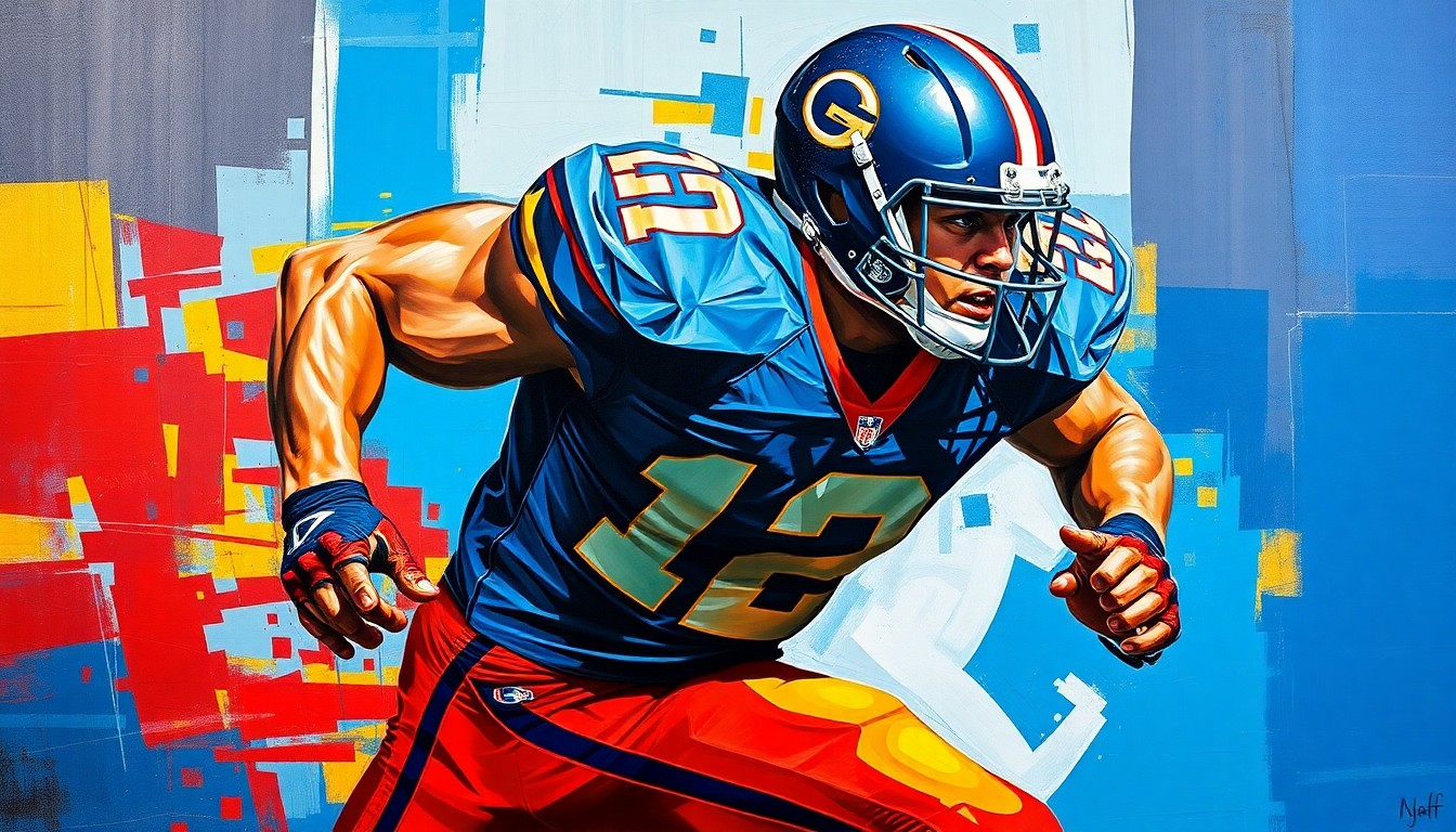 A cubist-style painting depicting a football player in motion, with sharp geometric shapes and planes of color representing the player's speed and power.