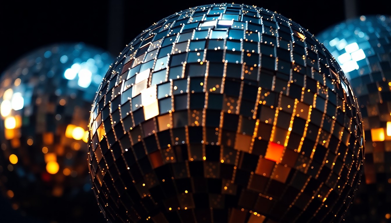 An extreme close-up of shimmering, glittering disco ball textures captured in dramatic, high-contrast studio lighting, conveying the cosmic, emotional essence of Thundercat's new album.