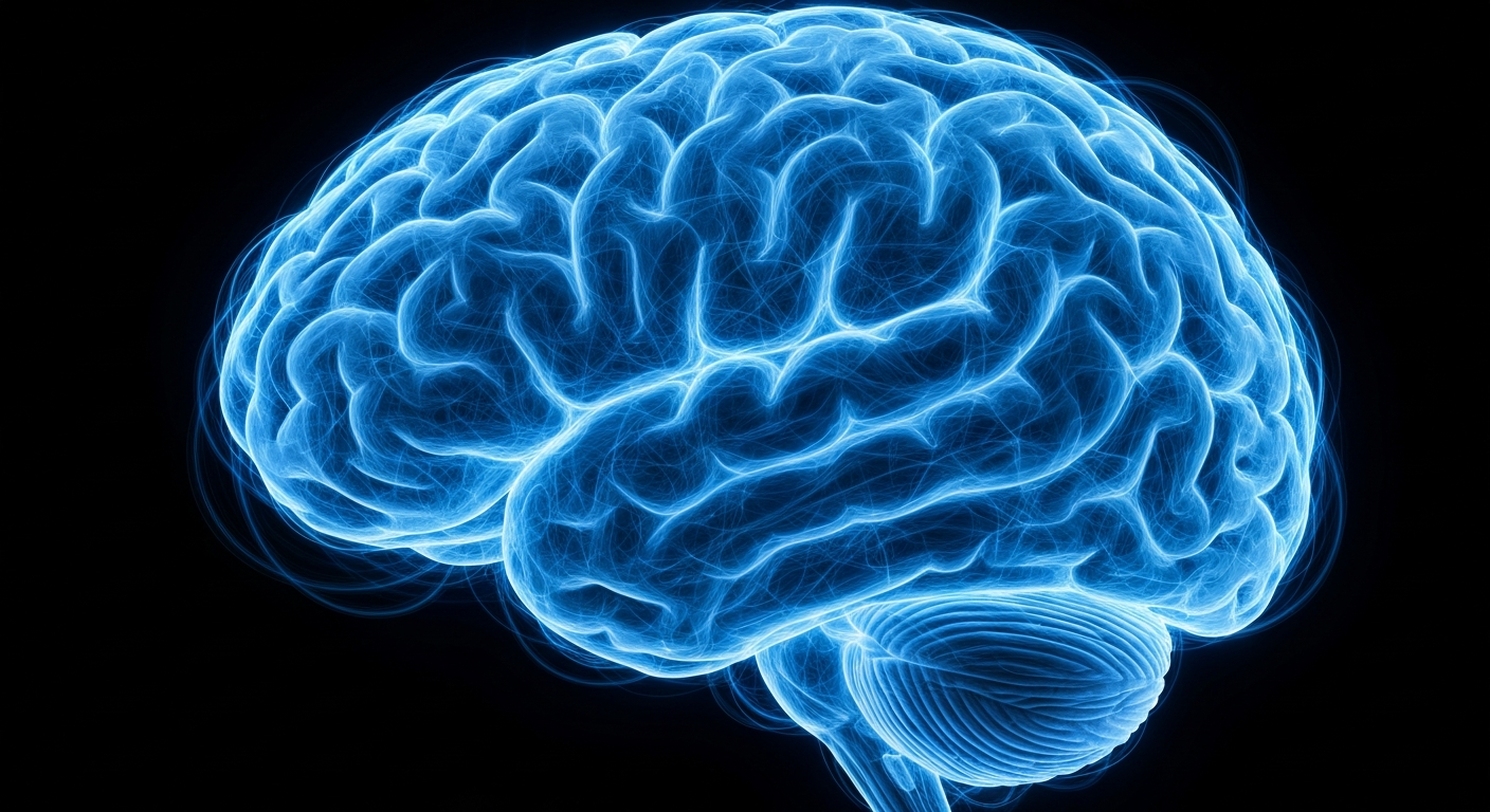 A minimalist neon outline of a human brain glowing against a dark background, conceptually representing the focus on brain health and Parkinson's disease.