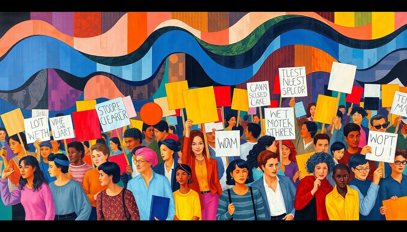 A dynamic, fractured painting of a diverse group of people marching and holding protest signs, with overlapping, geometric waves of vibrant colors conceptually representing the collective action and resilience of the South Asian American community.