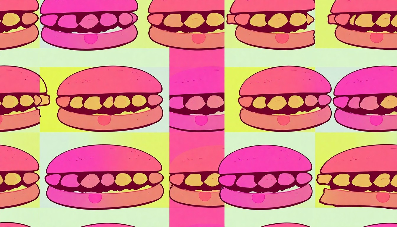 A brightly colored, high-contrast silkscreen-style illustration of a single, iconic veggie burger ingredient such as a black bean or corn kernel, repeated in a tight grid pattern to create a modern pop art representation of plant-based dining trends.