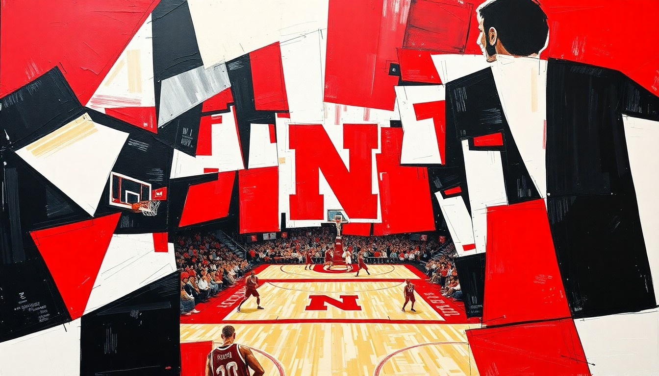 A fractured, cubist-style painting depicting the dynamic action of a Nebraska basketball game, with sharp geometric shapes and planes of red, white, and black conveying the energy and excitement of the team's breakthrough season.