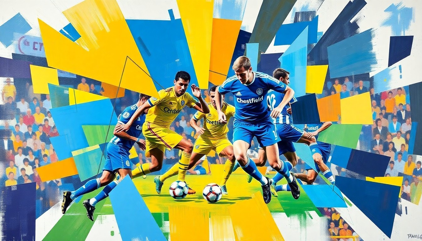 A cubist, geometric painting depicting the action of a soccer match between two teams, with their uniforms' colors blending together in an abstract, fragmented style.