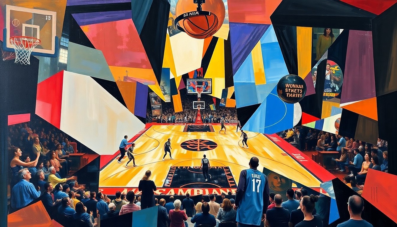 A cubist, geometric painting depicting a fragmented WNBA basketball game, with players and the court broken down into sharp, overlapping planes of color and form.