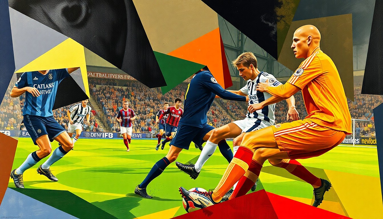 An abstract, cubist-style painting depicting a football match between two teams, with the players' forms broken down into overlapping geometric shapes and planes in the teams' official colors, creating a dynamic and visually striking representation of the game's action.