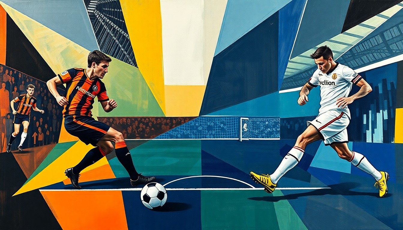 An abstract, geometric painting depicting a soccer match between two teams, with the players' forms broken down into sharp, overlapping planes of color representing the competitive energy of the game.